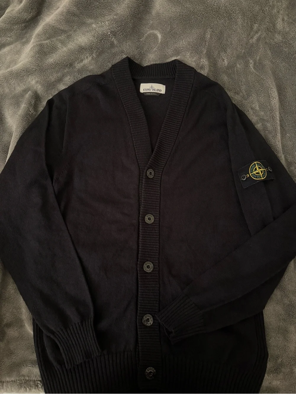 Stone Island Black Button-Front Wool Cardigan with Compass Badge
